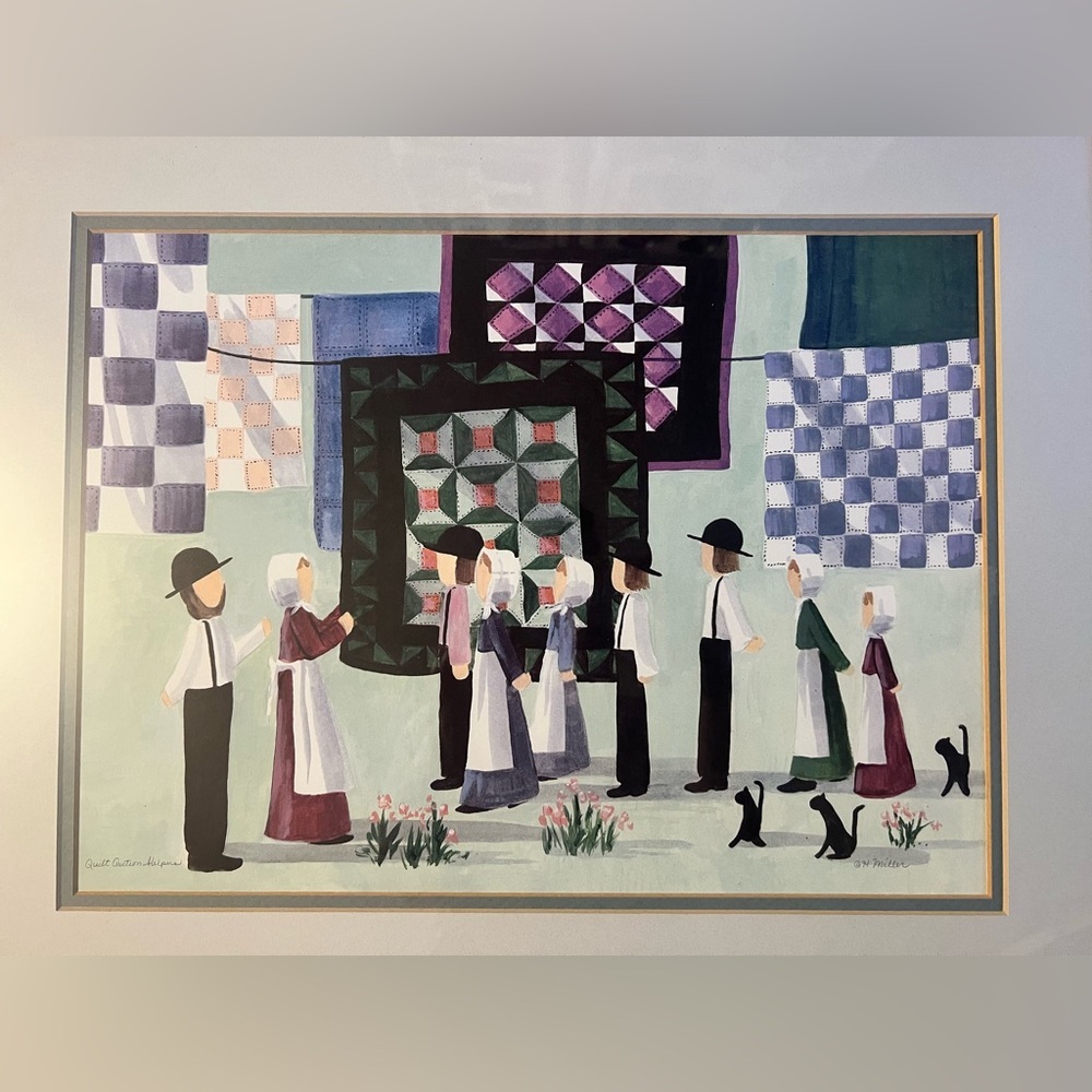 Framed Watercolor Art- Amish‎ Quilting With Cats, Signed by Artist Miller 1994